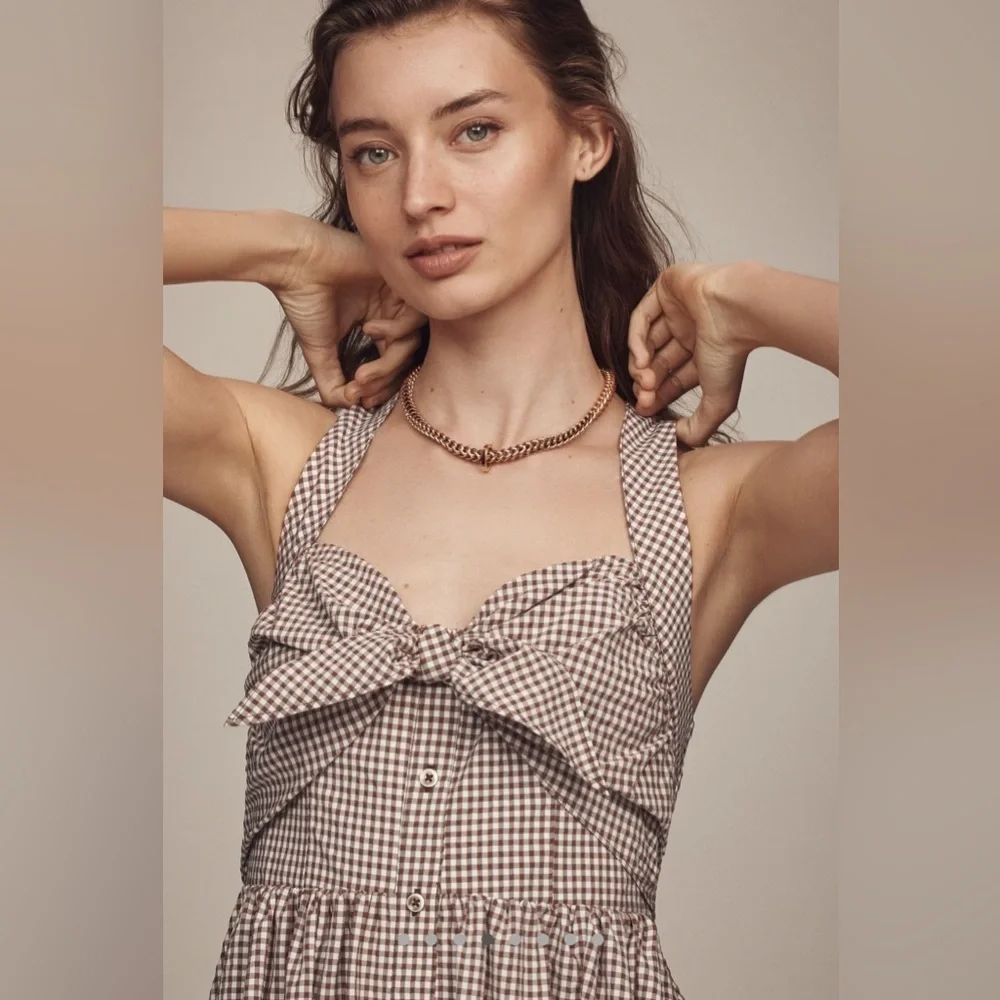 MAEVE ANTHRO Halter Bow Front Midi Brown Gingham Dress Size XXSP EUC